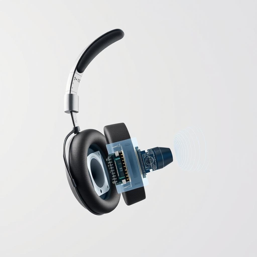 A detailed cutaway diagram of active noise-cancelling headphone technology, showcased in a clean, technical style. The foreground displays a cross-section of the headphone's internal components, revealing the microphones, speakers, and circuit board responsible for the noise-cancellation mechanism. The middle ground highlights the headphone's ergonomic over-ear design, with a focus on the noise-isolating earcups. The background depicts a minimalist gray gradient, emphasizing the technical nature of the subject matter. Crisp, even lighting illuminates the scene, captured from a slightly angled perspective to provide depth and clarity. Overall, the image conveys a sense of precision and understanding of the active noise-cancellation technology within the headphones.