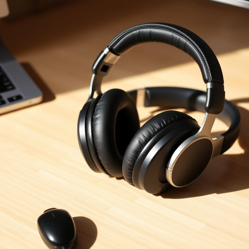 A pair of comfortable, over-ear headphones with a sleek, minimalist design, suitable for professional office use. The headphones feature a matte black finish with silver accents, softly padded ear cups, and an adjustable, padded headband for a customized fit. The headphones are positioned on a clean, wooden desk, with a warm, direct lighting creating subtle shadows and highlights, emphasizing the product's high-quality construction. The scene conveys a sense of sophistication and focus, ideal for an article on essential features for professional work.