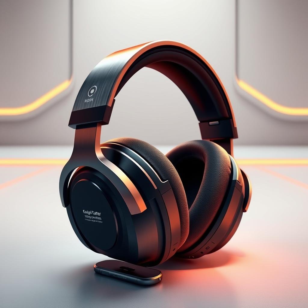 Highly detailed digital illustration of a pair of sleek, modern over-ear headphones with a brushed metallic and matte black finish. The headphones are equipped with an array of smart features, including touch-sensitive control panels on the earcups, an integrated microphone, and a companion mobile app displayed on a smartphone screen in the foreground. The headphones are illuminated by warm, directional lighting, casting subtle shadows and highlights that accentuate their advanced design. The background is a minimalist, futuristic workspace with clean lines and a muted color palette, creating a professional, high-tech atmosphere.