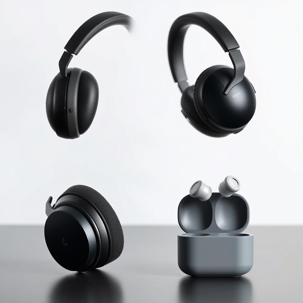 A detailed comparison of over-ear noise-cancelling headphones and true wireless earbuds, showcased against a clean, minimalist backdrop. Capture the sleek, modern designs of both audio devices from multiple angles, highlighting their key features and differences. Employ soft, directional lighting to create depth and emphasize the textures and materials. Arrange the products in a balanced, symmetrical composition that allows the viewer to easily discern the unique characteristics of each. Convey a sense of professionalism and technical expertise through the precise, well-considered framing and styling.