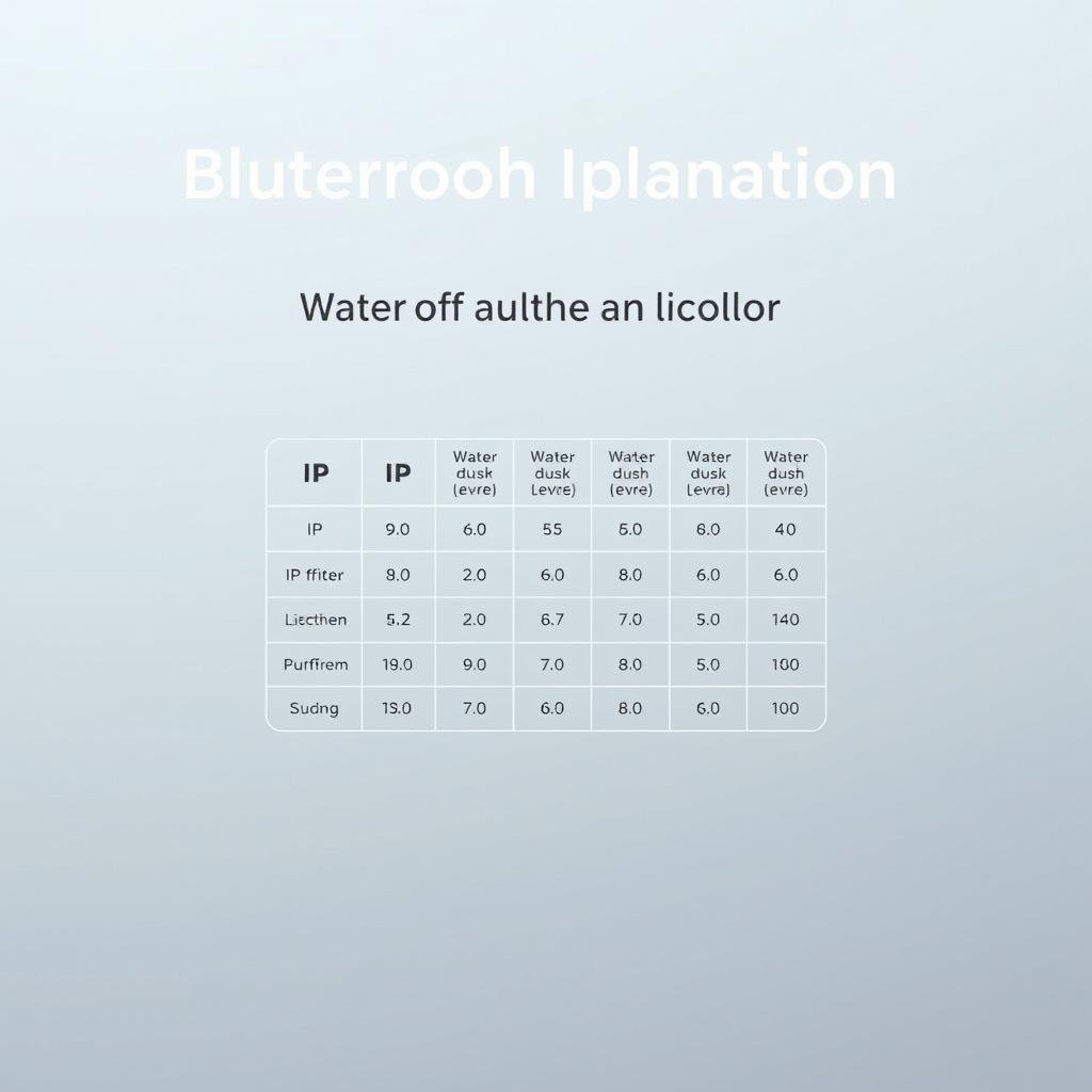 A detailed, technical diagram of a waterproof IP rating chart for Bluetooth speakers, rendered in a clean, minimalist style. The chart occupies the center of the frame, with the various IP ratings and their corresponding water and dust resistance levels clearly labeled. The background is a soft, muted gradient, allowing the chart to stand out prominently. The lighting is soft and even, creating a sense of depth and dimensionality. The overall mood is informative and educational, conveying the important technical details in a visually striking manner.