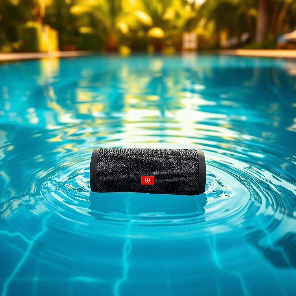 A floating Ultimate Ears WONDERBOOM 3 Bluetooth speaker drifting peacefully on the surface of a serene pool, surrounded by reflections of sunlight dancing on the water. The speaker is rendered in vivid detail, its matte black cylindrical body accented by vibrant blue and yellow highlights. The pool is set against a backdrop of lush tropical foliage, creating a tranquil, resort-like atmosphere. Soft, diffused lighting casts a warm glow, emphasizing the speaker's sleek, modern design. The camera angle is set low, capturing the speaker from an eye-level perspective, conveying a sense of immersion and intimacy with the scene.