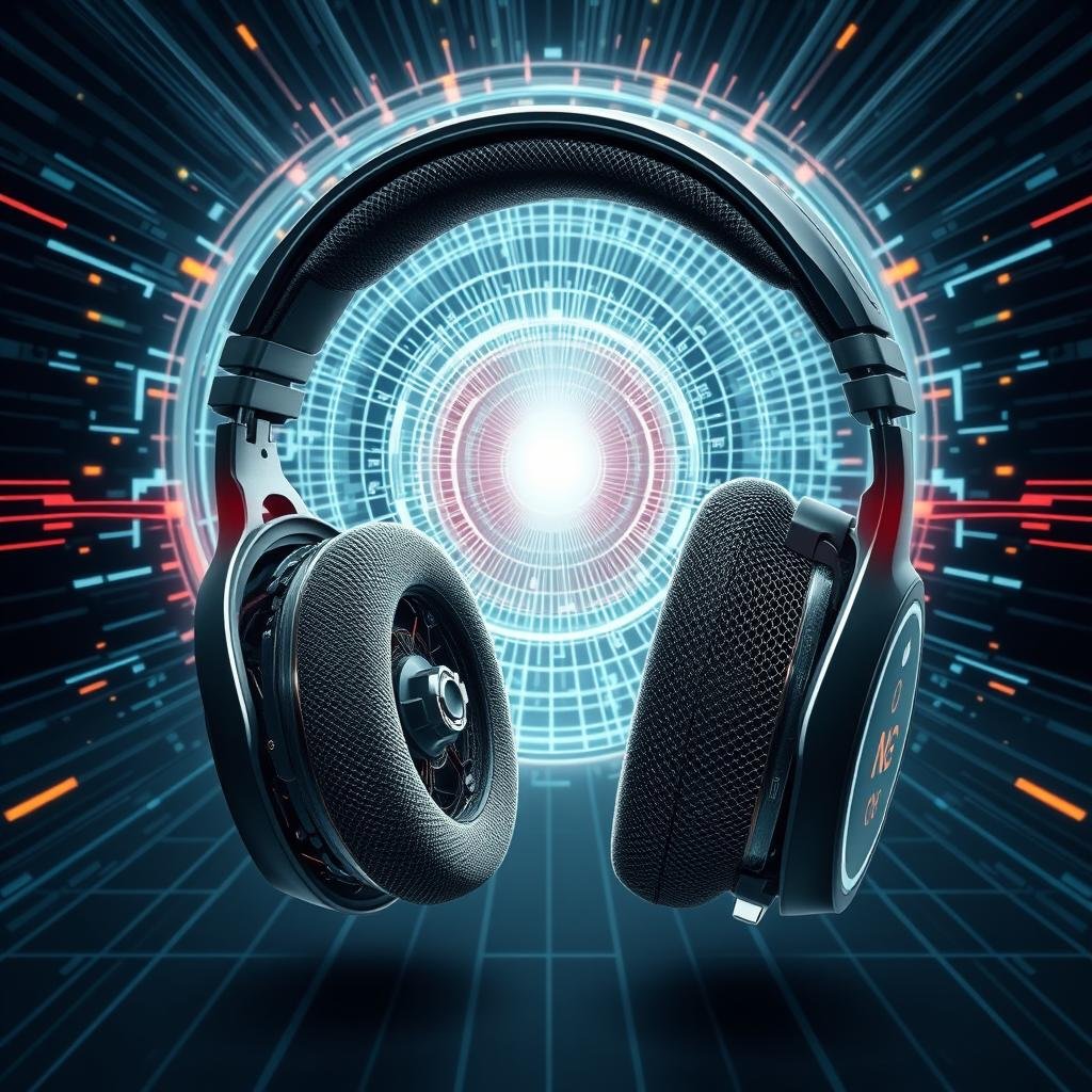 A futuristic scene depicting the inner workings and technology limitations of hybrid active noise cancellation (ANC) headphones. In the foreground, a cutaway view reveals the complex interplay of microphones, speakers, and circuitry that enable the hybrid ANC system. The midground showcases the layered, mesh-like structure of the drivers and acoustic filters, highlighting the engineering challenges involved. The background depicts a stylized, abstract representation of the electromagnetic and acoustic interference patterns that the hybrid ANC struggles to overcome, creating a sense of technical complexity and limitation. The overall mood is one of high-tech sophistication tempered by the constraints of current headphone engineering.