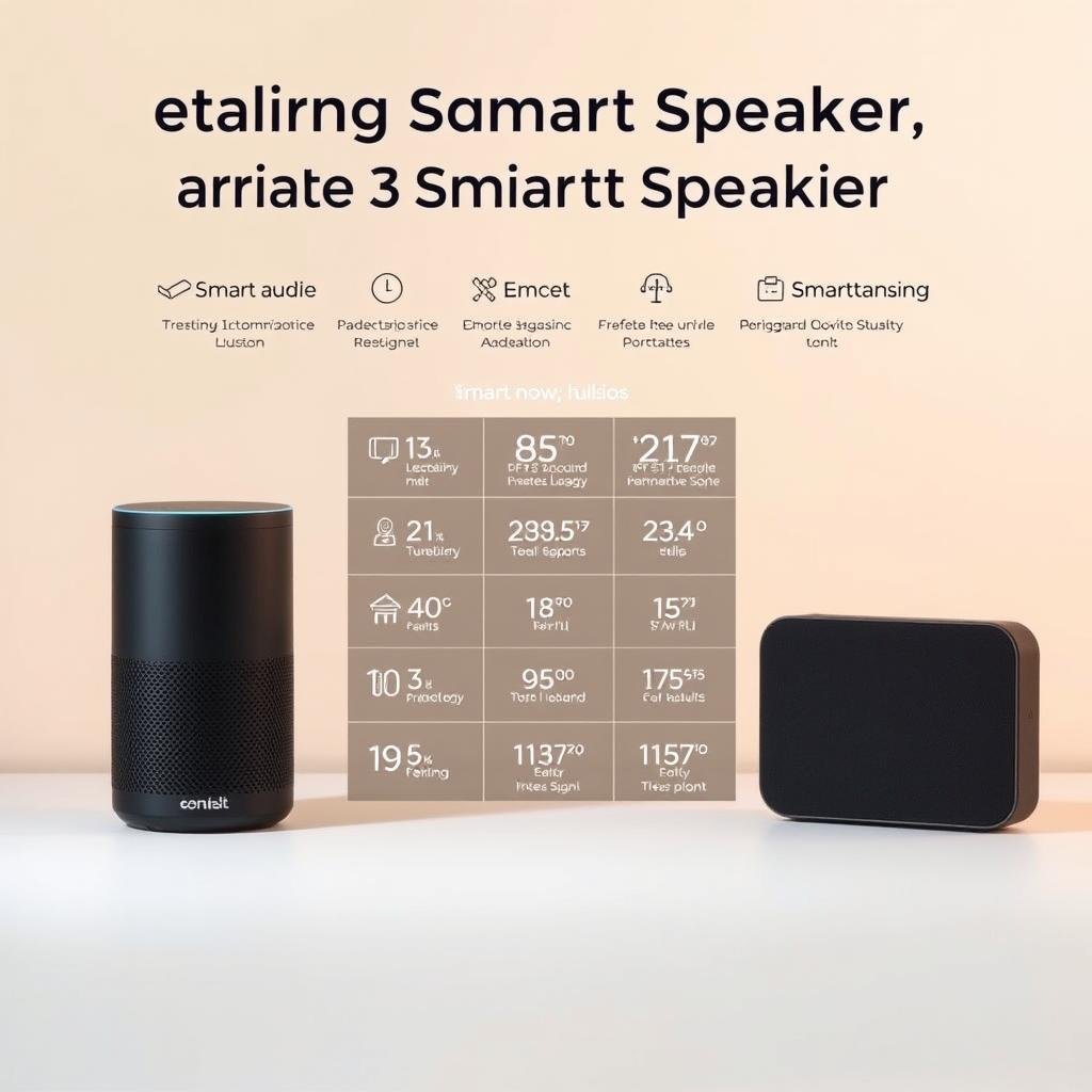 A high-quality comparison of leading smart speakers, showcased in a clean, minimalist arrangement against a soft, muted background. The speakers are positioned in the foreground, with a subtle gradient lighting highlighting their distinct designs and features. The middle ground depicts an array of technical specifications and performance metrics, conveying the speakers' capabilities in a visually engaging manner. The background subtly hints at smart home integration, creating a cohesive and informative composition that invites the viewer to explore the nuances of these intelligent audio devices.