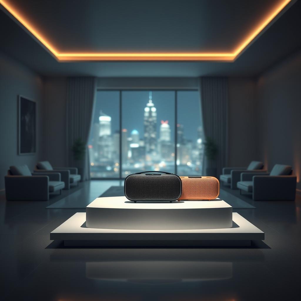 A high-quality, futuristic image showcasing the best waterproof bluetooth speakers of 2025. Prominently displayed on a sleek, minimalist pedestal in the foreground are three cutting-edge speaker models in a range of stylish colors, their crisp designs reflecting the advanced materials and technology of the future. The middle ground features a serene, dimly lit indoor scene with modern, angular furniture and clean lines, creating an atmosphere of sophistication. In the background, a large window provides a glimpse of a vibrant, neon-lit cityscape at night, hinting at the urban, high-tech setting. Dramatic, directional lighting illuminates the speakers, casting dramatic shadows and highlighting their premium, water-resistant build.
