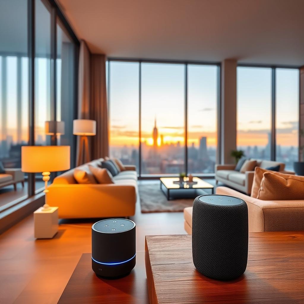 A modern living room with a minimalist design. In the foreground, a sleek smart speaker sits on a wooden side table, its LED indicators glowing softly. Warm lighting from a nearby floor lamp casts a cozy glow, while the middle ground features plush, neutral-toned furniture arranged in a conversational layout. In the background, large windows offer a view of a city skyline at dusk, with the setting sun casting an ethereal, golden hue throughout the space. The overall atmosphere is one of sophisticated technology seamlessly integrated into a comfortable, inviting environment.