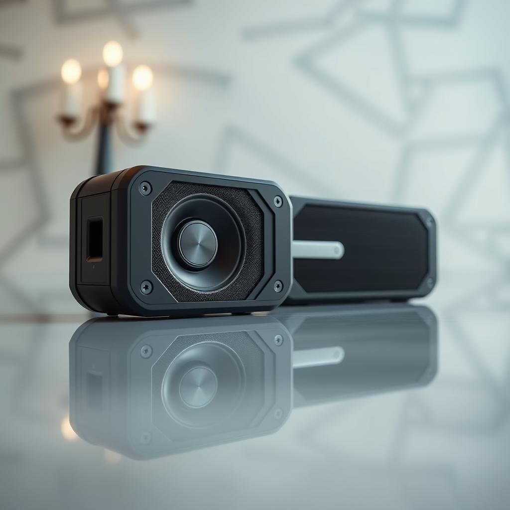 A pair of sleek, premium waterproof Bluetooth speakers resting on a smooth, reflective surface. The speakers feature a modern, minimalist design with a matte black finish and metallic accents. Powerful, rumbling bass resonates from the large, high-quality drivers, creating a immersive, cinematic audio experience. Soft, directional lighting highlights the speakers' clean lines and premium construction, while a blurred, out-of-focus background suggests an elegant, sophisticated setting. The overall mood is one of high-end, cutting-edge technology and exceptional audio performance.