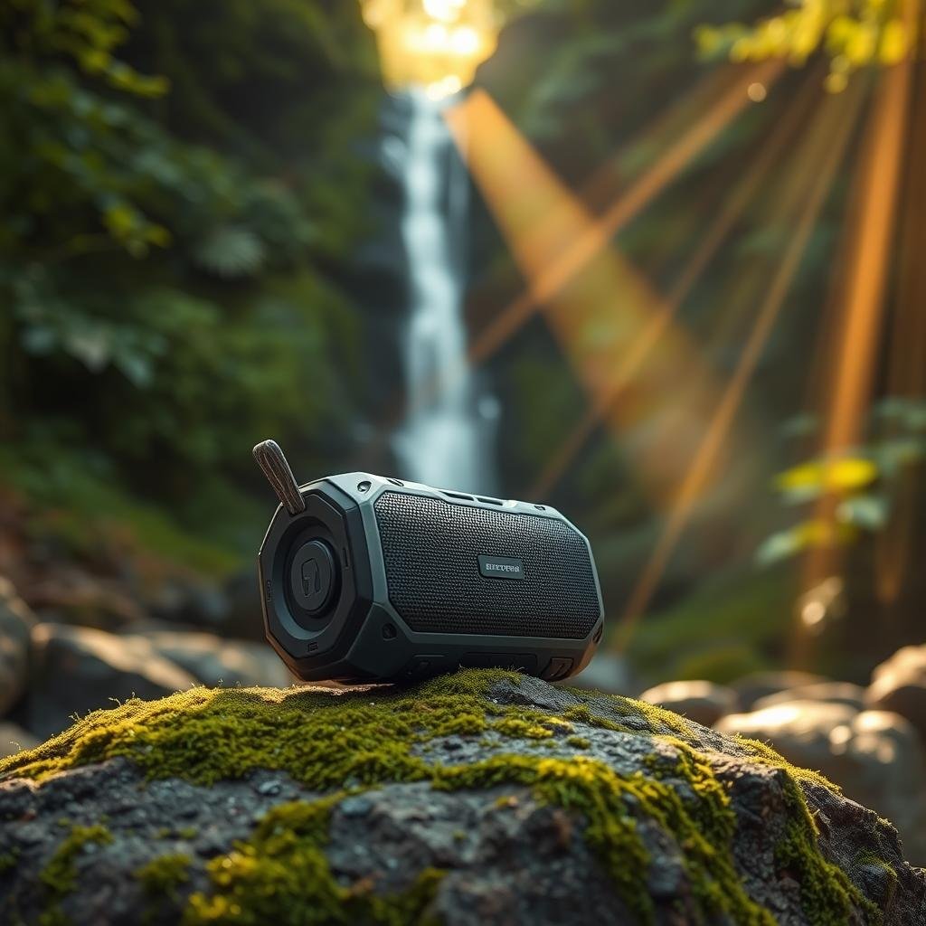 A rugged, waterproof Bluetooth speaker sitting atop a moss-covered rock against a backdrop of lush, green foliage and a cascading waterfall. The speaker has a sturdy, rubberized exterior with prominent volume and playback controls. Rays of warm, golden sunlight filter through the dense forest canopy, casting a soft, natural glow on the scene. The speaker appears ready to withstand the elements of an outdoor adventure, its durable design a testament to its intended use in hiking and other outdoor activities.
