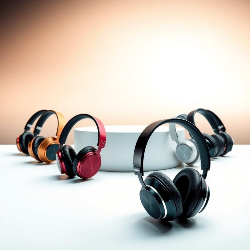 A sleek and modern comparison of the best active noise-cancelling (ANC) headphones for 2025, set against a minimalist, high-tech backdrop. In the foreground, several pairs of top-of-the-line headphones in a variety of colors and styles are displayed, their advanced ANC features and audio specifications clearly visible. The middle ground features a clean, white surface, while the background is a stark, gradient-filled environment, lending an air of sophistication and innovation. Natural lighting from above casts a warm glow, highlighting the premium materials and craftsmanship of the headphones. The overall composition conveys a sense of technological prowess and consumer choice for the discerning listener in the year 2025.