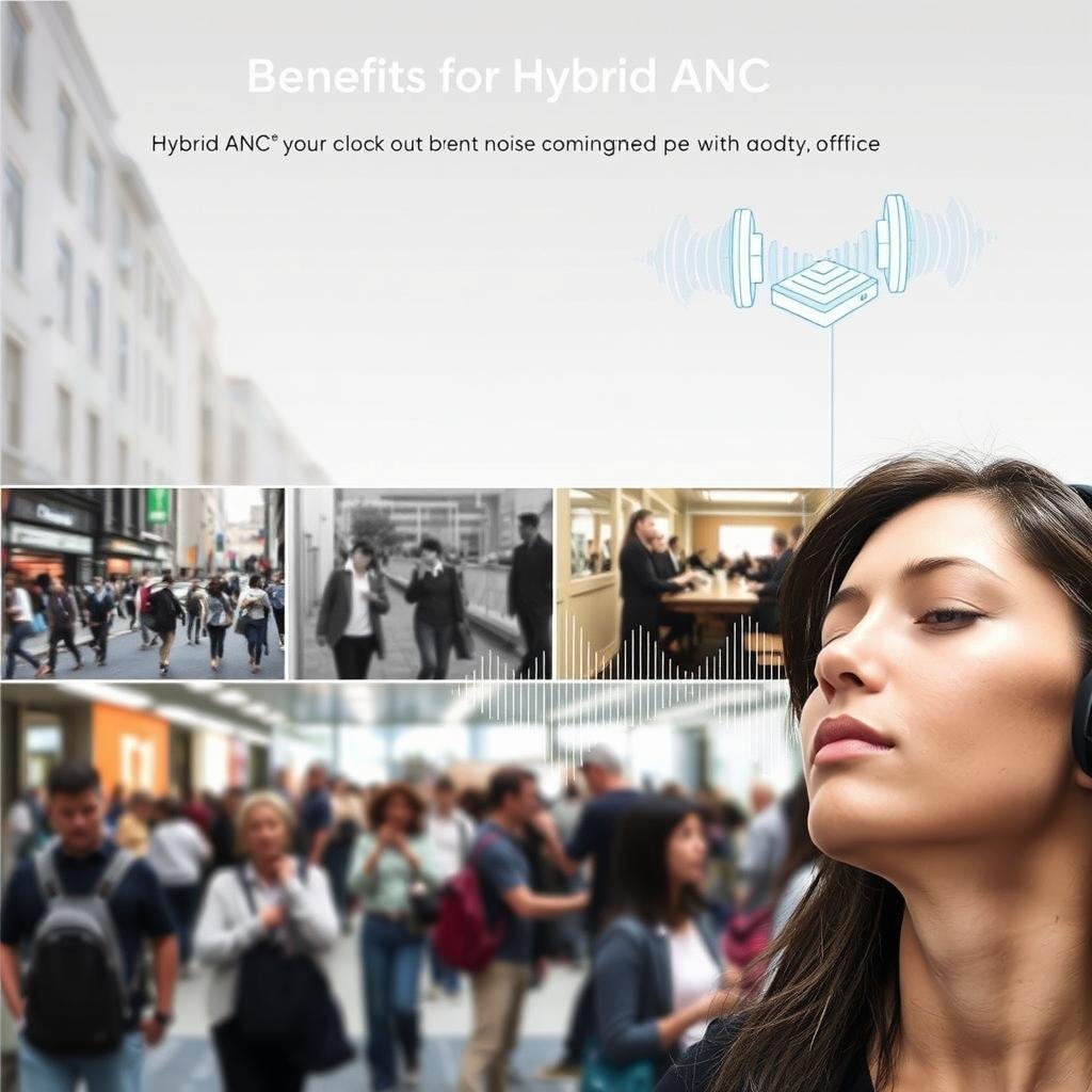 A well-lit, detailed scene showcasing the benefits of hybrid ANC (Active Noise Cancellation) technology. In the foreground, a person wearing wireless headphones is enjoying a peaceful, distraction-free listening experience, their face serene and focused. The middle ground features a range of everyday scenarios - a bustling city street, a noisy office environment, a crowded cafe - all with the hybrid ANC technology effectively blocking out ambient noise. In the background, a clean, minimalist line-art diagram illustrates the technical workings of the hybrid ANC system, its components and mechanisms. The overall mood is one of tranquility, productivity, and the empowering effects of advanced audio technology on daily life.