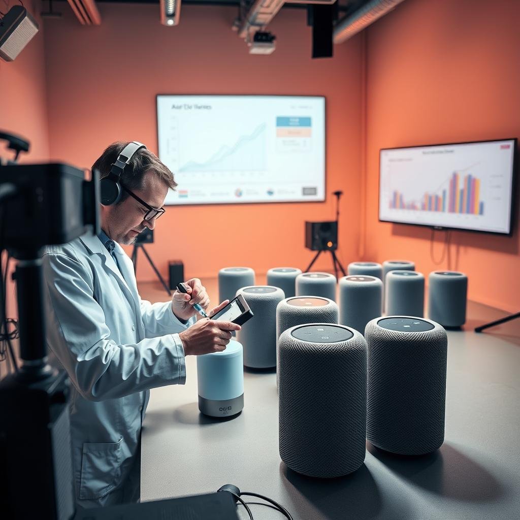 A well-lit studio setting with a centralized focus on a smart speaker undergoing a rigorous testing process. In the foreground, an engineer in a lab coat meticulously examines the device, using specialized tools and measurement equipment. The middle ground features a range of other smart speakers in various stages of evaluation, their internal components exposed for close inspection. The background showcases a wall-mounted display, charting performance metrics and test results. Warm, directional lighting casts a professional, technical atmosphere, capturing the precision and attention to detail of the smart speaker validation procedure.