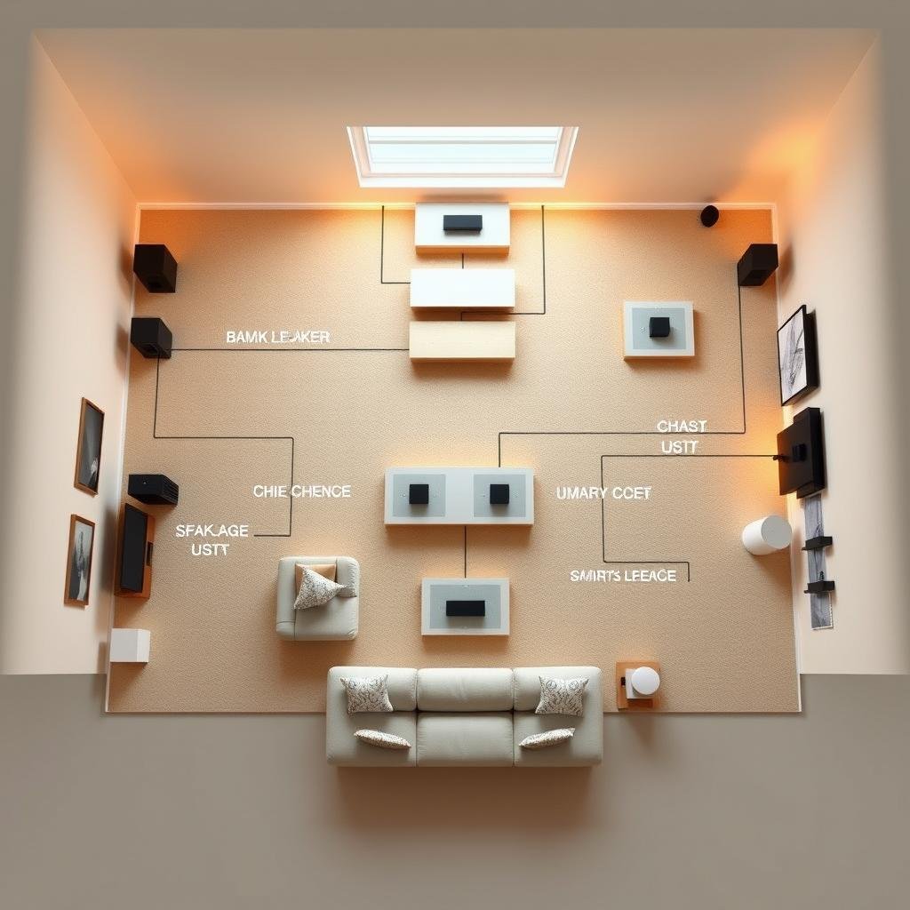 A well-organized multi-room audio setup diagram with crisp, clean lines and a minimalist aesthetic. Depicted in a birds-eye view, the layout shows the strategic placement of smart speakers across an open-concept living space. Sleek, wireless speakers are precisely positioned in each room, connected by subtle wiring guided through wall channels. The overall design emphasizes seamless integration, optimal sound coverage, and a clutter-free aesthetic. Warm, diffused lighting casts a gentle glow, creating an inviting, high-fidelity listening experience. The diagram conveys a sense of harmony, functionality, and modern sophistication - a visual guide for effortless, whole-home audio.