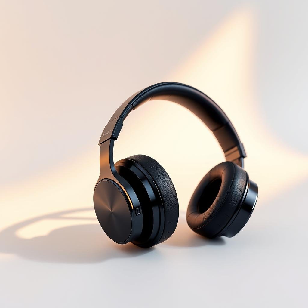 High-quality sleek black wireless over-ear headphones with glossy metallic accents and a user-friendly touch control panel. The headphones feature a prominently displayed battery life indicator and a fast charging port. The headphones are positioned on a minimalist white background, casting soft shadows and bathed in warm, directional lighting from the top-left, creating a premium, high-tech aesthetic. The scene conveys a sense of advanced technology and long-lasting power to meet the needs of the modern, on-the-go lifestyle.