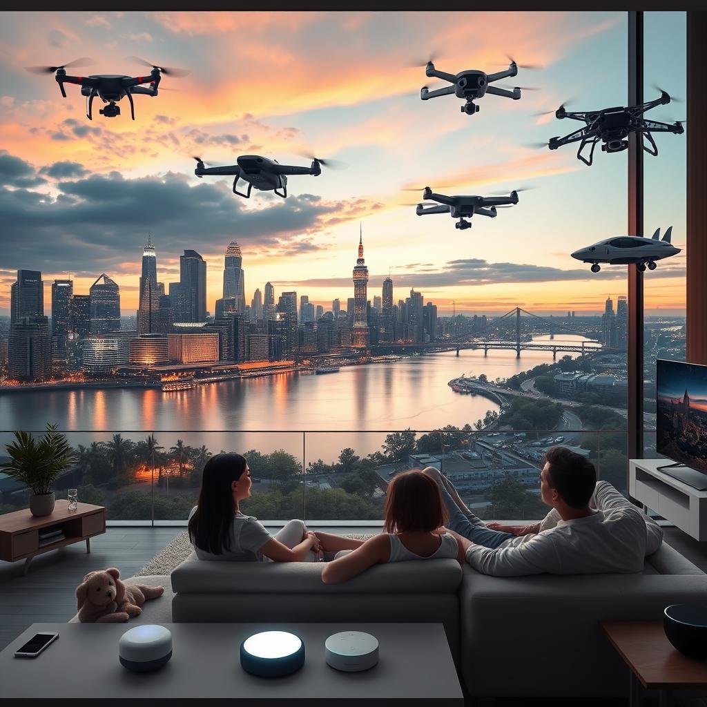 A futuristic cityscape at dusk, illuminated by a vibrant skyline and reflected in a tranquil river. In the foreground, a family relaxes in their living room, surrounded by sleek, voice-controlled smart home devices - virtual assistants, lighting systems, and entertainment hubs seamlessly integrated into the modern decor. Overhead, hovering drones and autonomous vehicles glide through the air, showcasing the cutting-edge transportation technologies of the 2025 smart city. The scene radiates a sense of comfort, convenience, and technological progress, embodying the trends shaping the future of voice-controlled smart audio gadgets.