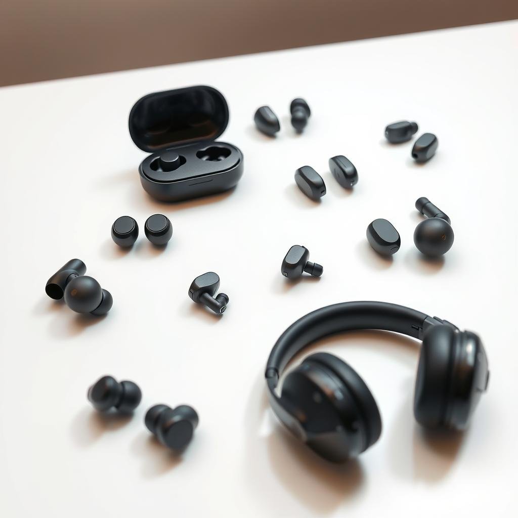 A high-quality, well-lit studio shot of an assortment of state-of-the-art wireless earbuds and noise-canceling headphones arranged on a white table or background. The earbuds and headphones should be depicted from multiple angles, showcasing their sleek design, advanced features, and intuitive controls. Capture the elegance and sophistication of these premium audio gadgets, with a focus on their comparative size, shape, and functionality. The image should have a clean, minimalist aesthetic that highlights the products as the central focus, without any distracting elements. Careful attention should be paid to lighting and composition to create a professional, magazine-worthy visual representation of the top wireless audio devices for 2025.