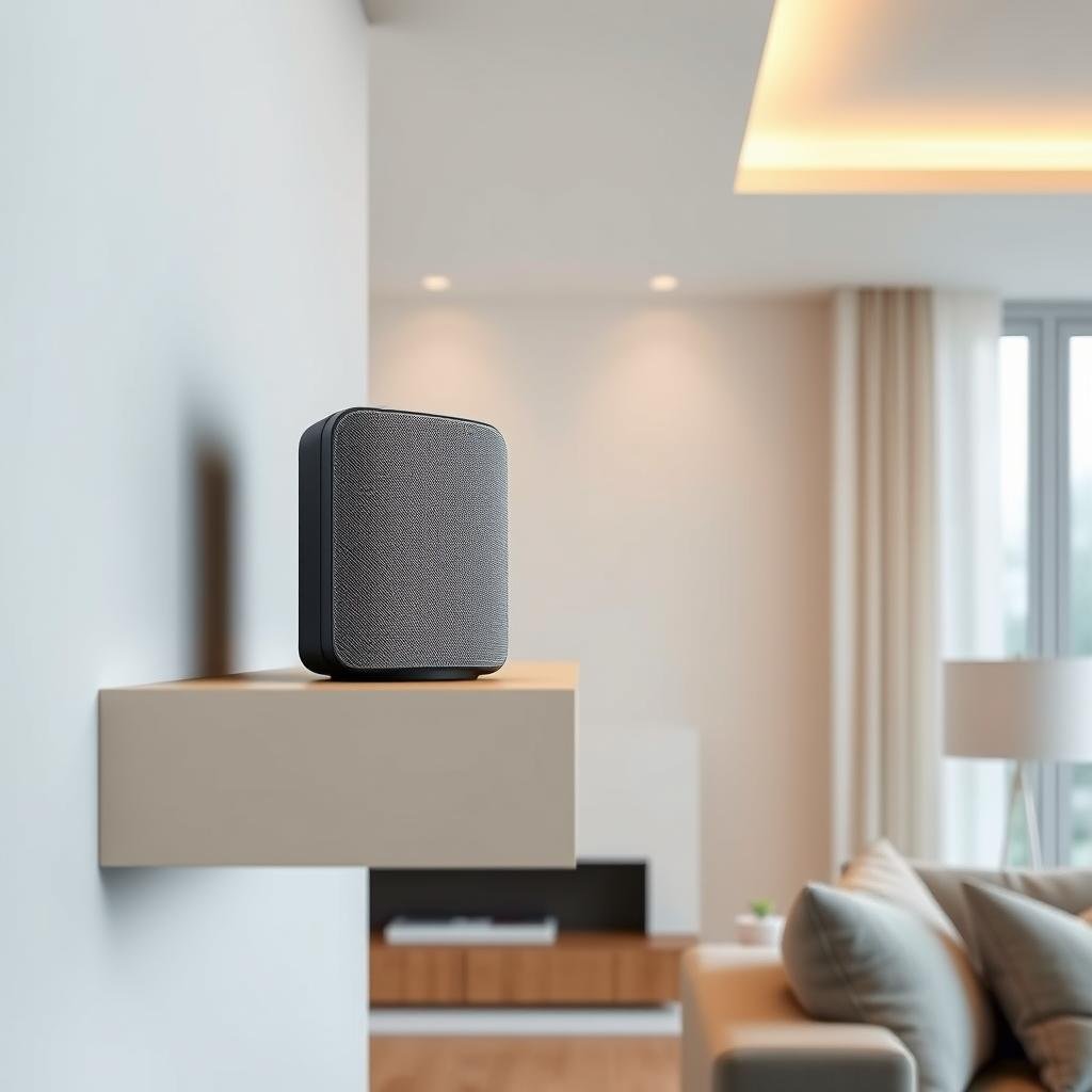 A modern, minimalist living room with a sleek, voice-controlled smart speaker system seamlessly integrated into the home decor. The speaker sits on a floating wooden shelf, its clean lines and muted tones blending effortlessly with the room's neutral color palette. Indirect lighting from recessed ceiling fixtures creates a warm, ambient glow, while large windows allow natural light to flood the space. The speaker's discreet microphone array is ready to respond to voice commands, enabling the homeowner to effortlessly control various smart home functions, from adjusting the temperature to playing music, all through intuitive voice interactions.