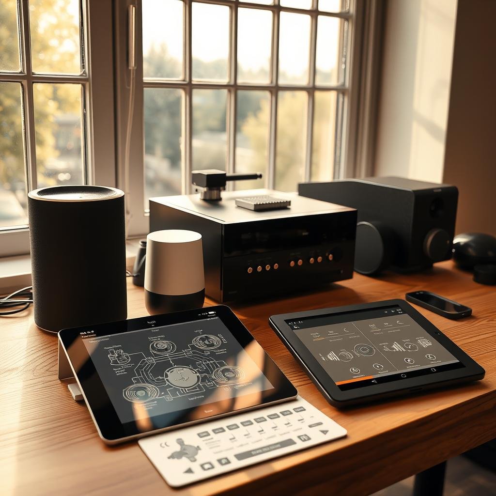 A neatly organized workbench with various smart home audio devices, including a wireless speaker, a voice assistant, and a smart amplifier. The scene is bathed in warm, natural lighting from a large window, creating a serene and inviting atmosphere. Intricate diagrams and setup instructions are displayed on a tablet, providing clear guidance on how to optimally configure the system. The overall composition conveys a sense of expertise, attention to detail, and the user-friendly nature of these advanced audio technologies.