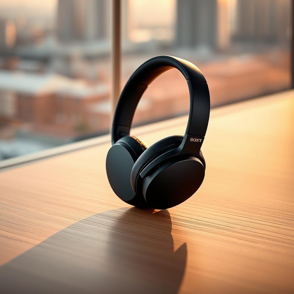 A sleek and sophisticated pair of Sony WH-1000XM5 premium travel headphones, artfully crafted with a matte black finish and subtle silver accents. Resting on a minimalist wooden surface, the headphones are bathed in warm, directional lighting that accentuates their clean lines and premium materials. In the background, a softly blurred cityscape hints at the headphones' ability to deliver immersive, noise-cancelling audio on the go. The overall mood is one of refined elegance and high-end functionality, perfectly capturing the essence of a premium travel companion.