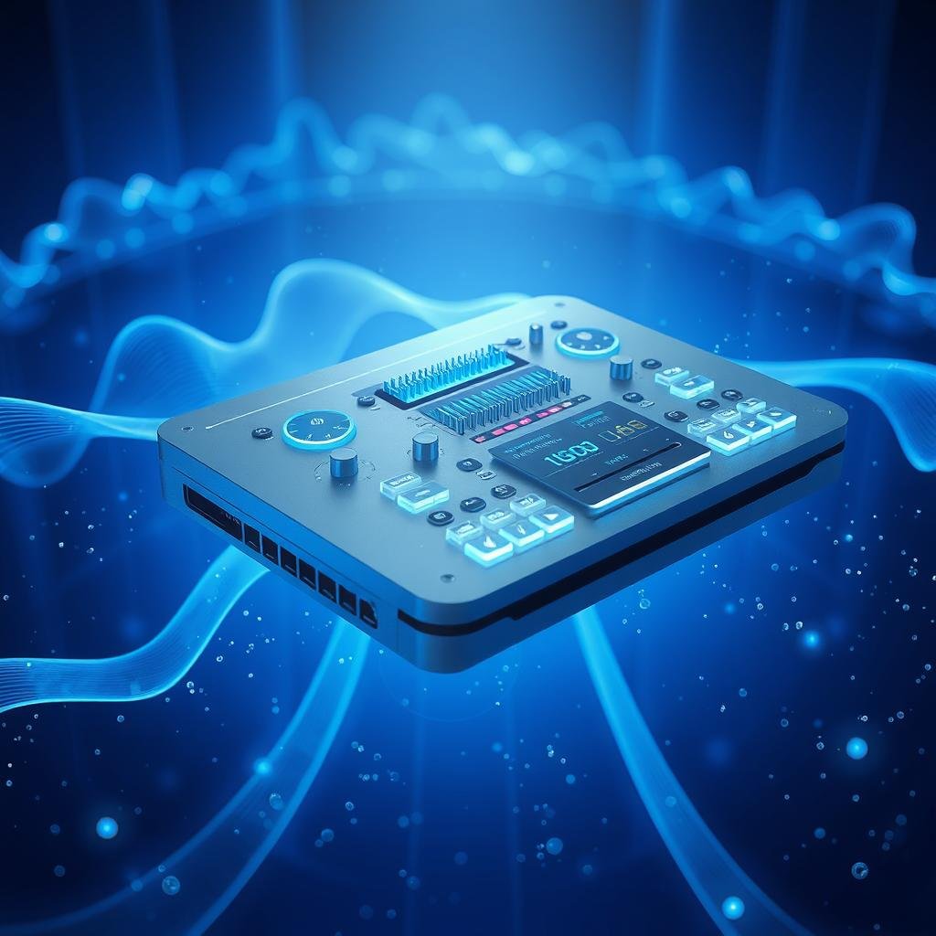 A sleek, metallic audio console hovers amidst a futuristic, holographic soundscape. Glowing touchpads and prismatic displays showcase advanced music playback controls, AI-powered equalizers, and real-time visual spectrums. Embedded voice assistants and gesture-based interfaces allow for seamless, intuitive interaction. The console is suspended in an ethereal, blue-hued environment, punctuated by holographic waveforms and shimmering particles, evoking a sense of technological elegance and musical immersion. Powerful, yet minimalist design elements reflect the cutting-edge audio technology at the heart of this futuristic music player.