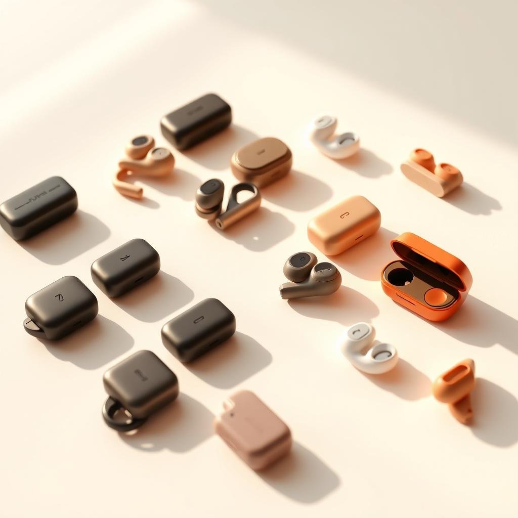 A sleek, minimalist product shot showcasing a diverse collection of wireless earbuds in a range of modern, muted colors. The earbuds are neatly arranged on a clean, white background, casting soft shadows that add depth and dimension. Lighting is warm and diffused, creating a premium, high-end aesthetic. The scene is captured from a slightly elevated angle, highlighting the elegant, compact design of the earbuds and conveying a sense of advanced, cutting-edge technology. The overall composition is balanced and visually striking, inviting the viewer to appreciate the various categories of smart audio gadgets in a sophisticated, aspirational manner.