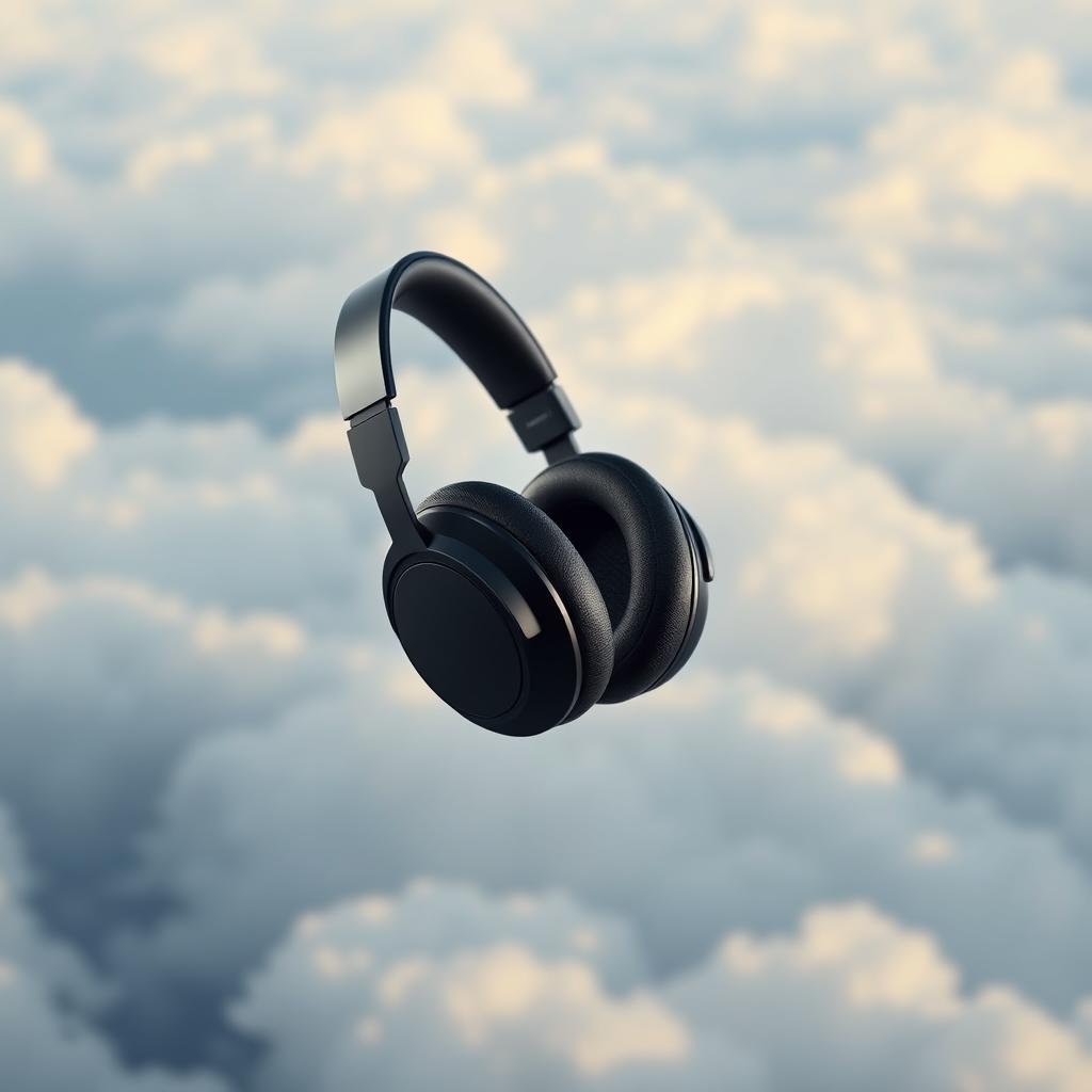 A sleek, modern pair of active noise-cancelling (ANC) headphones floating in a serene, cloud-filled sky. The headphones have a clean, minimalist design with smooth, matte black surfaces and subtle metallic accents. The ear cups are generously padded for maximum comfort during long flights. Soft, diffused lighting bathes the scene, creating a calming, almost ethereal ambiance. The headphones are positioned prominently in the center, highlighting their essential role in providing a peaceful, immersive listening experience while traveling. The overall composition conveys the benefits of ANC technology for air travel - improved focus, relaxation, and escape from the din of the cabin.