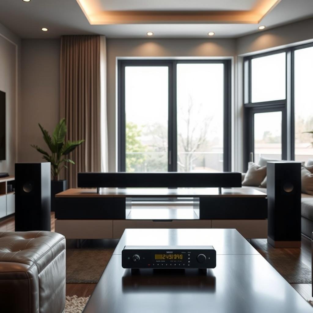 A well-lit, modern living room setting showcasing a sleek and sophisticated smart sound system. In the foreground, a minimalist, wall-mounted soundbar rests atop a modern TV console, its discrete, understated design blending seamlessly with the room's decor. Beside it, a pair of wireless, bookshelf-style speakers flank the setup, their matte black casings complementing the soundbar's aesthetic. In the middle ground, a stylish multi-room audio controller sits on an end table, its intuitive interface and touch controls inviting interaction. The background features large windows, allowing natural light to filter in and create a warm, inviting ambiance. Subtle ambient lighting from concealed sources adds depth and atmosphere to the scene, highlighting the premium craftsmanship and cutting-edge technology of this cohesive, high-performance smart audio system.