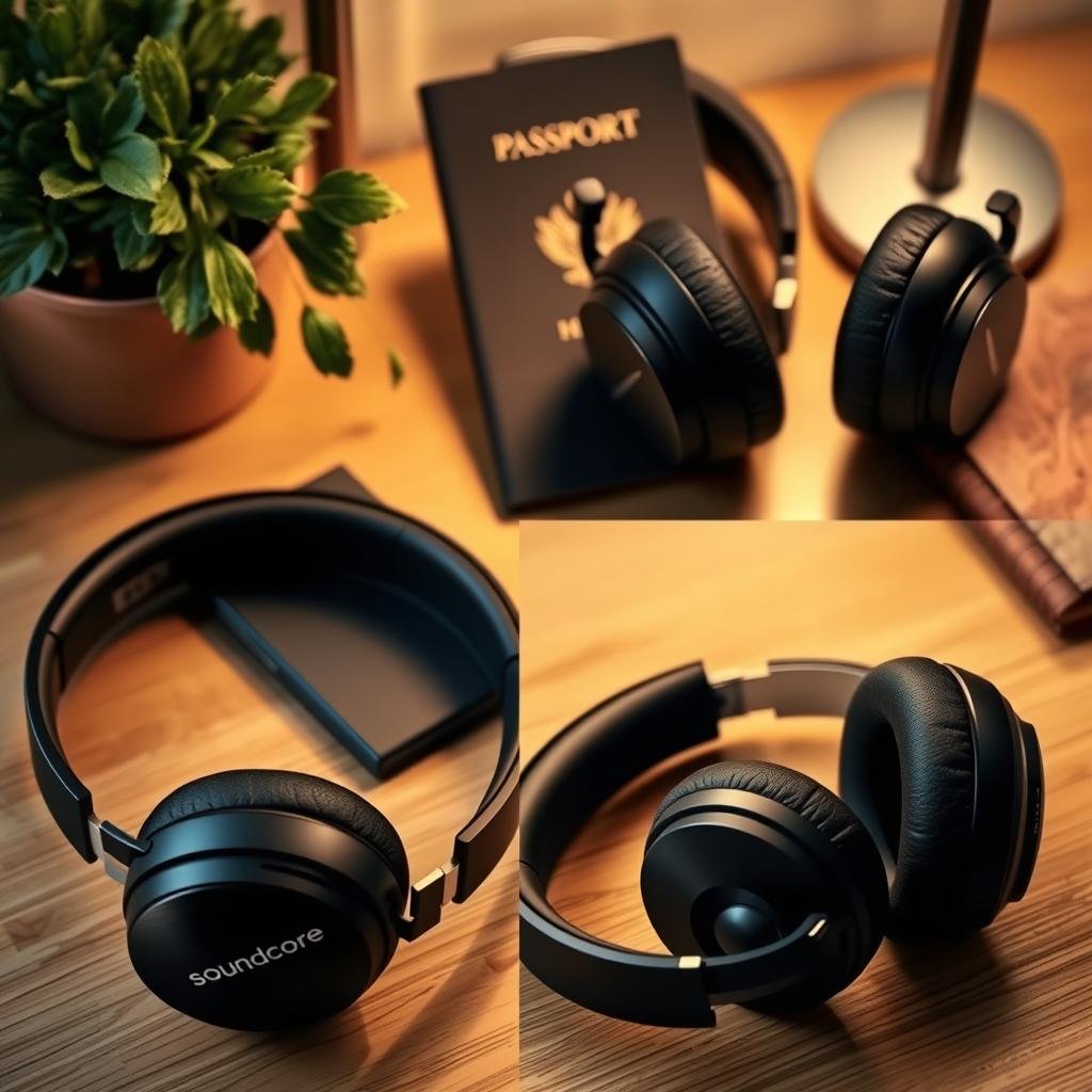 Detailed high-resolution photograph of Soundcore Space One noise-cancelling headphones for travel, placed on a wooden desk with a plant and a travel passport in the background. The headphones are shown from multiple angles, highlighting their sleek black design, large ear cups, and metallic accents. Soft, warm lighting creates a cozy, inviting atmosphere, emphasizing the headphones' premium quality and suitability for long-haul flights or commutes. The composition balances the subject with complementary lifestyle elements, conveying a sense of relaxation and focused productivity.