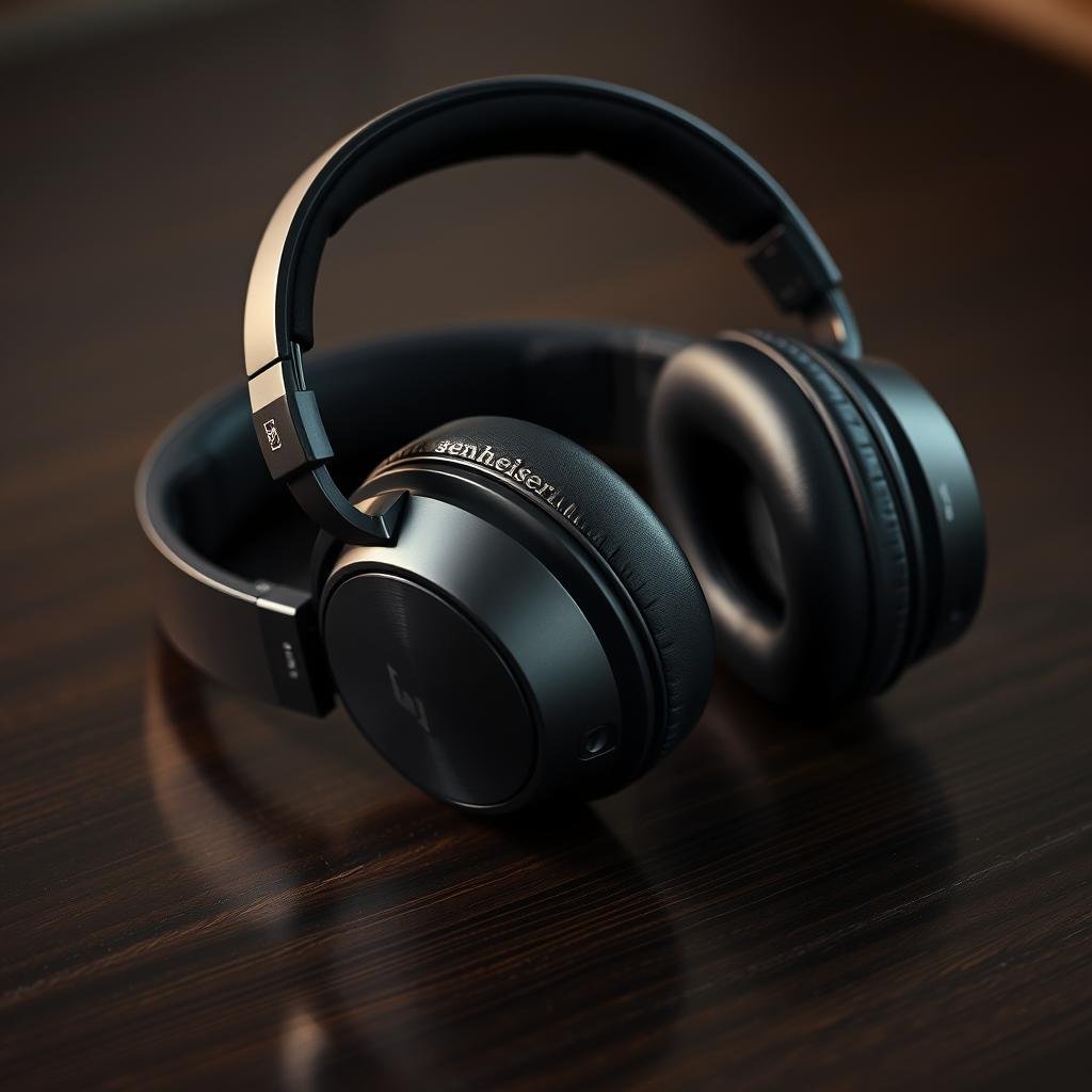 Sennheiser Momentum 4 wireless acoustic bliss headphones, elegantly poised on a dark wood surface, exuding a sense of refined sophistication. The sleek, matte black finish accentuates the headphones' premium design, with subtle metallic accents that catch the warm, directional lighting. The headband and earcups are crafted from high-quality materials, offering exceptional comfort and a secure fit. Captured in a shallow depth of field, the headphones are the focal point, drawing the viewer's attention to their advanced noise-cancelling technology and immersive audio experience, perfect for the discerning traveler seeking audiophile-grade performance on the go.