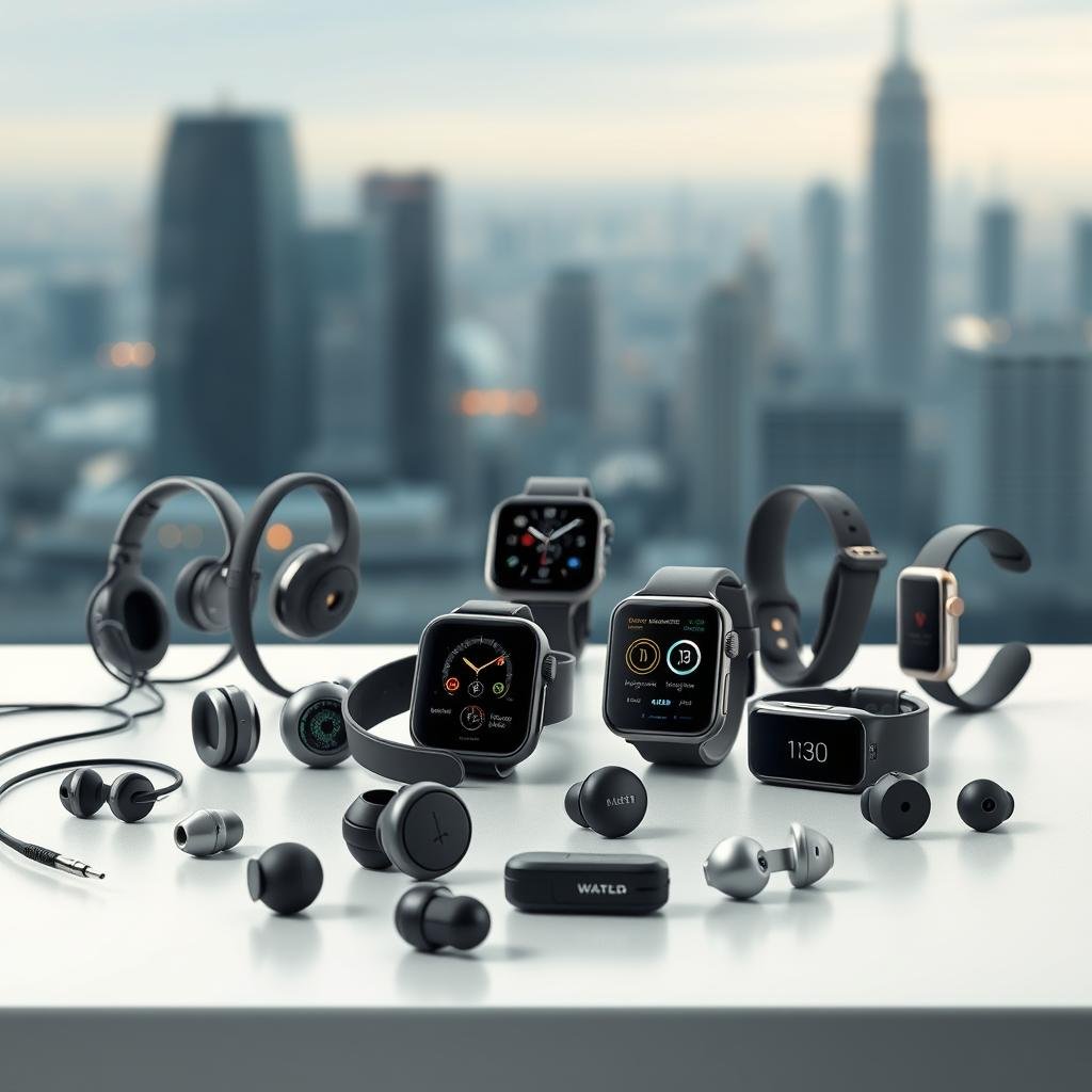 A high-quality, photorealistic image showcasing various types of wearable audio technology. The foreground features a diverse array of advanced headphones, earbuds, and integrated audio devices, including true wireless, bone conduction, and AR-enabled models, all displayed on a sleek, minimalist surface. The middle ground depicts a selection of smartwatches and fitness trackers with integrated audio controls and streaming capabilities. The background subtly hints at the technological advancements, with a blurred cityscape and a softly glowing, futuristic ambiance, conveying a sense of innovation and connectivity. The lighting is soft and directional, highlighting the textures and materials of the devices. The overall composition is balanced, with a focus on the wearable audio technologies as the central subject.