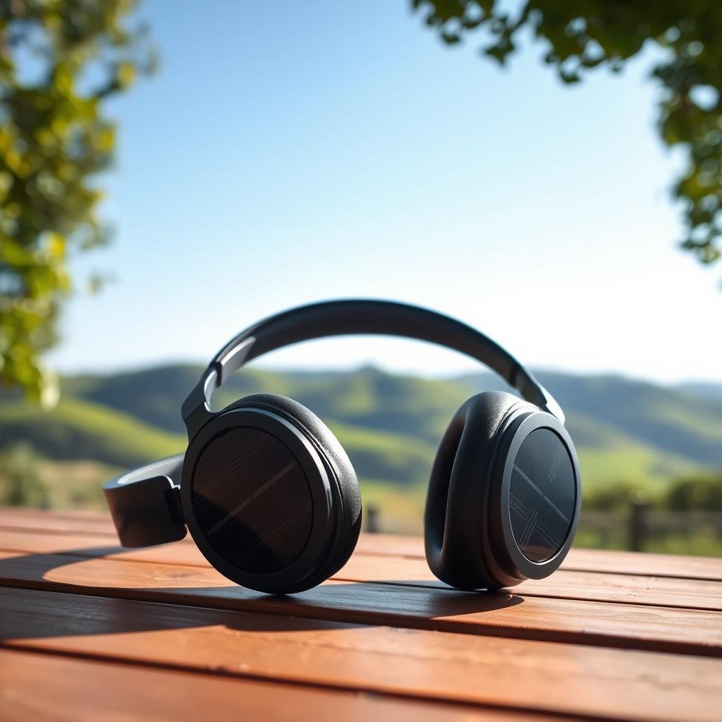 A serene outdoor scene featuring a pair of sleek, modern solar-powered headphones resting on a wooden surface. The headphones have a minimalist, eco-friendly design with discreet solar panels integrated into the earcups, capturing the sun's energy to power their high-quality audio drivers. In the background, a lush, verdant landscape with rolling hills and a clear blue sky, conveying a sense of harmony between technology and nature. The lighting is soft and diffused, creating a warm, inviting atmosphere. The composition emphasizes the headphones as the focal point, showcasing their sustainable and energy-efficient features in a visually striking manner.
