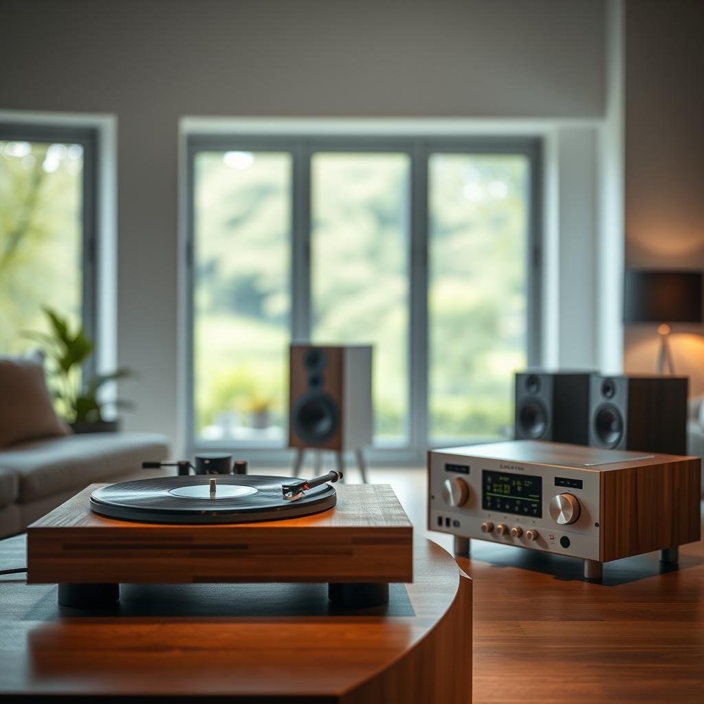 A serene, well-lit room showcases sustainable audio tech features. In the foreground, a sleek turntable with a minimalist design and eco-friendly materials like bamboo or recycled plastic. Beside it, a modern, energy-efficient amplifier with intuitive, touch-sensitive controls. In the middle ground, a pair of bookshelf speakers featuring recyclable aluminum housings and drivers made from renewable fibers. The background reveals a lush, natural landscape visible through large windows, conveying a sense of harmony between the tech and the environment. Soft, diffused lighting casts a warm, inviting glow over the scene, highlighting the sophisticated, sustainable aesthetic of the audio equipment.