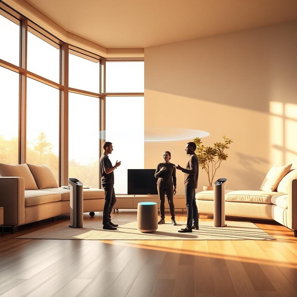 A sleek, minimalist living room with floor-to-ceiling windows flooding the space with warm, natural light. In the center, a group of smart audio assistants stand in a semicircle, their holographic interfaces glowing softly. Each device has a distinct, streamlined design, seamlessly blending into the modern decor. The assistants appear to be engaged in a lively conversation, their virtual avatars gesturing animatedly. The room's atmosphere is one of tranquility and technological sophistication, hinting at the effortless control and enhanced audio experience these smart companions provide.