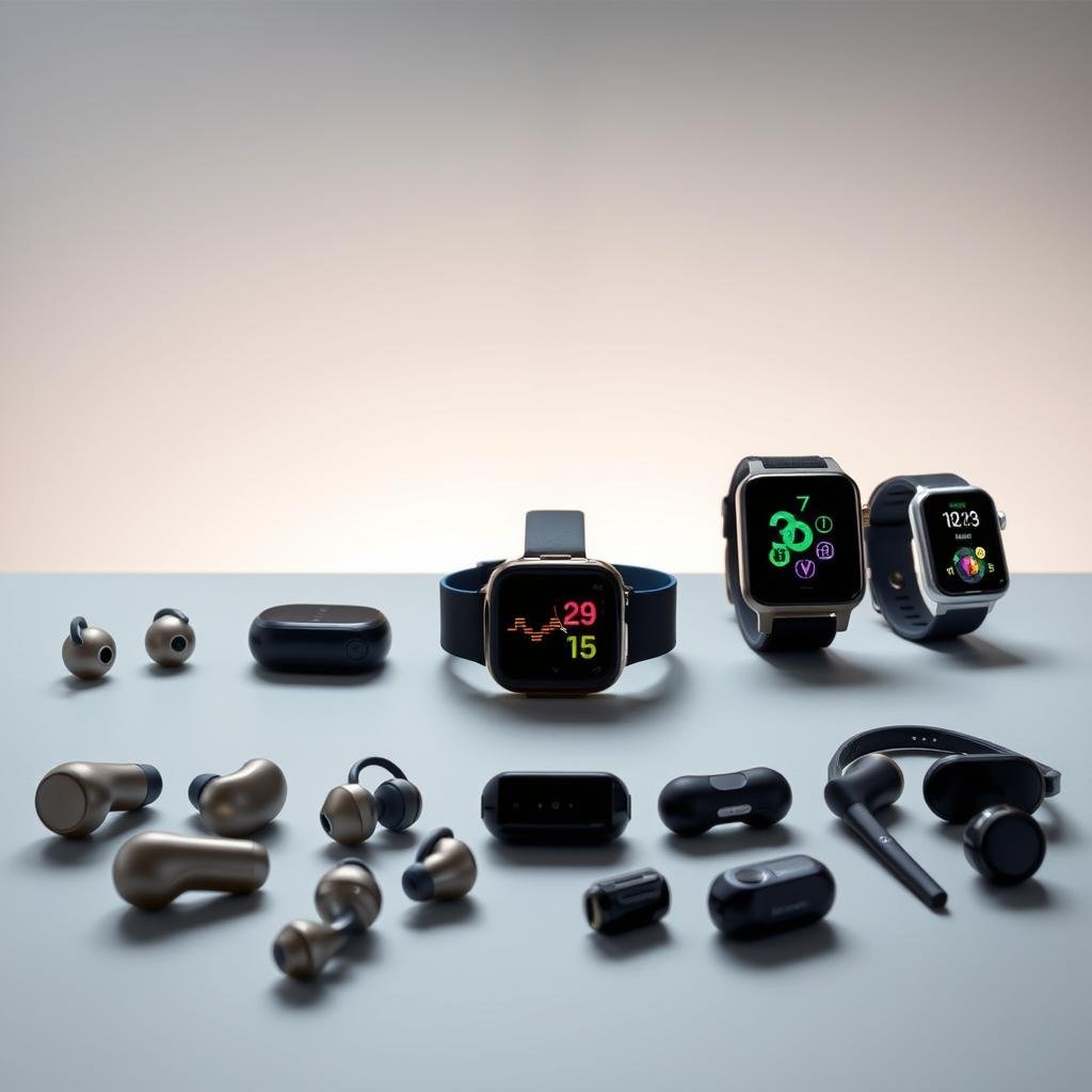 A sleek, minimalist tabletop showcasing a lineup of cutting-edge smart wearable audio devices. In the foreground, various true wireless earbuds and smart headphones are displayed in a visually striking arrangement, their metallic and matte finishes catching the soft, indirect lighting. In the middle ground, a selection of fitness trackers and smartwatches with integrated audio capabilities are presented, their screens illuminated to highlight the advanced UI and connectivity features. The background features a subtle gradient or material texture that complements the modern, tech-forward aesthetic. The overall scene conveys a sense of sophistication, innovation, and the seamless integration of audio technology into wearable devices for the discerning, active lifestyle.
