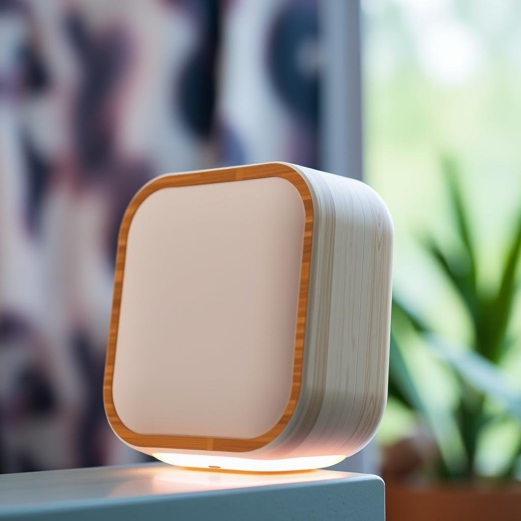 A sleek, sustainable portable speaker with a minimalist design, crafted from eco-friendly materials like bamboo and recycled plastics. The speaker's surface features a clean, matte finish, accentuated by subtle curves and a visually striking geometric pattern. Soft, diffused lighting emanates from the speaker's perimeter, creating a warm, inviting ambiance. The speaker is positioned against a blurred, nature-inspired backdrop, evoking a sense of harmony with the environment. The overall composition conveys a balance of modern technology and responsible, environmentally conscious design.