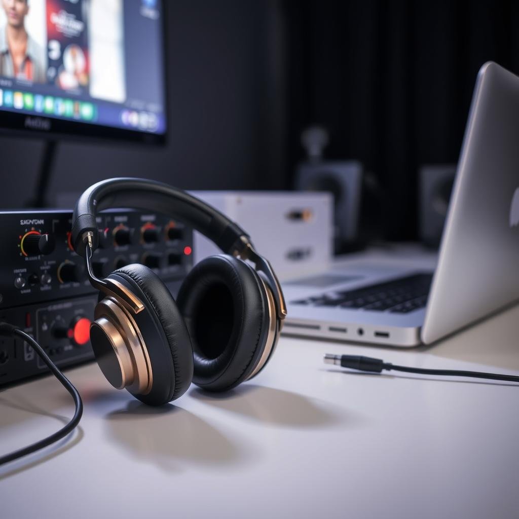 A well-lit, high-resolution photograph showcasing a premium headphone setup. In the foreground, a pair of open-back, audiophile-grade headphones with a sleek, modern design and premium materials like metal and leather. Behind them, an audio interface or headphone amplifier with knobs, dials, and LED indicators, conveying the technical precision required for optimal sound. In the background, a minimalist desk setup with a laptop or desktop computer, creating an immersive, focused environment for gaming and critical music listening. The overall scene exudes a sense of quality, attention to detail, and the pursuit of the ultimate audio experience.