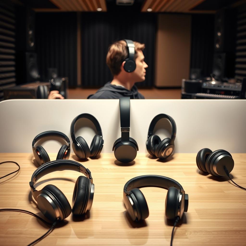 A well-lit, high-resolution photograph showcasing the best open-back headphones of 2025. The foreground features a carefully curated selection of premium headphone models, their sleek and modern designs prominently displayed. The middle ground depicts the headphones in use, highlighting their ergonomic fit and comfort. The background subtly conveys a professional audio studio environment, with sound-dampening materials and high-end audio equipment visible. The lighting is soft and directional, accentuating the headphones' materials and textures. The overall mood is one of refinement, quality, and immersive audio experience.