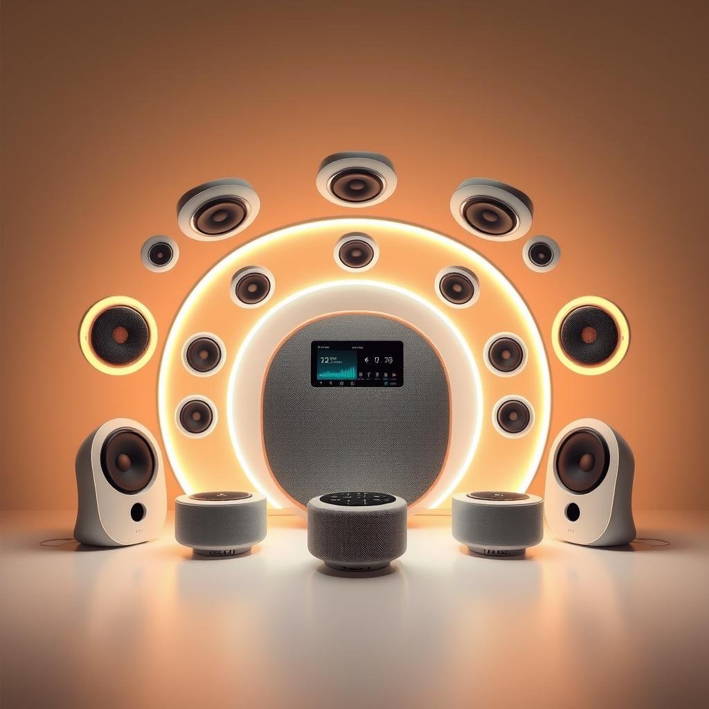 a sleek and futuristic array of intelligent audio devices, featuring a central hub with a curved display and touch interface, surrounded by a constellation of satellite speakers with voice control and motion sensors, all bathed in a warm, ambient lighting that creates an immersive and personalized listening experience, the devices seamlessly integrated into a minimalist, high-tech environment with clean lines and muted tones, conveying a sense of advanced technology and innovative design