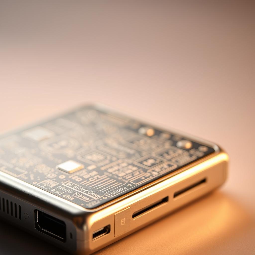A close-up of a brightness battery, its sleek metallic casing gleaming under warm studio lighting. The battery's surface is dotted with intricate circuits and components, hinting at its advanced technology. In the foreground, the battery's ports and connectors are prominently displayed, inviting the viewer to imagine its versatile power capabilities. The background is softly blurred, placing the battery as the central focus, capturing its essence as a key accessory for powering mobile devices and projectors on the go.