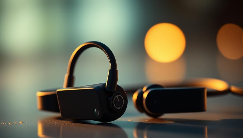 A close-up view of specialized bone conduction headphones designed for cyclists and swimmers. The headphones feature a sleek, water-resistant design with a durable, rubberized frame and adjustable ear hooks for a secure fit. The headphones are equipped with advanced bone conduction technology, allowing the user to hear audio without blocking their ears, ensuring they remain aware of their surroundings during outdoor activities. The headphones are illuminated by soft, ambient lighting, casting a warm, soothing glow. The scene is captured against a blurred, out-of-focus background, emphasizing the headphones as the focal point. The lighting is bright, diffused, and evenly distributed, creating a clean, high-quality product shot.