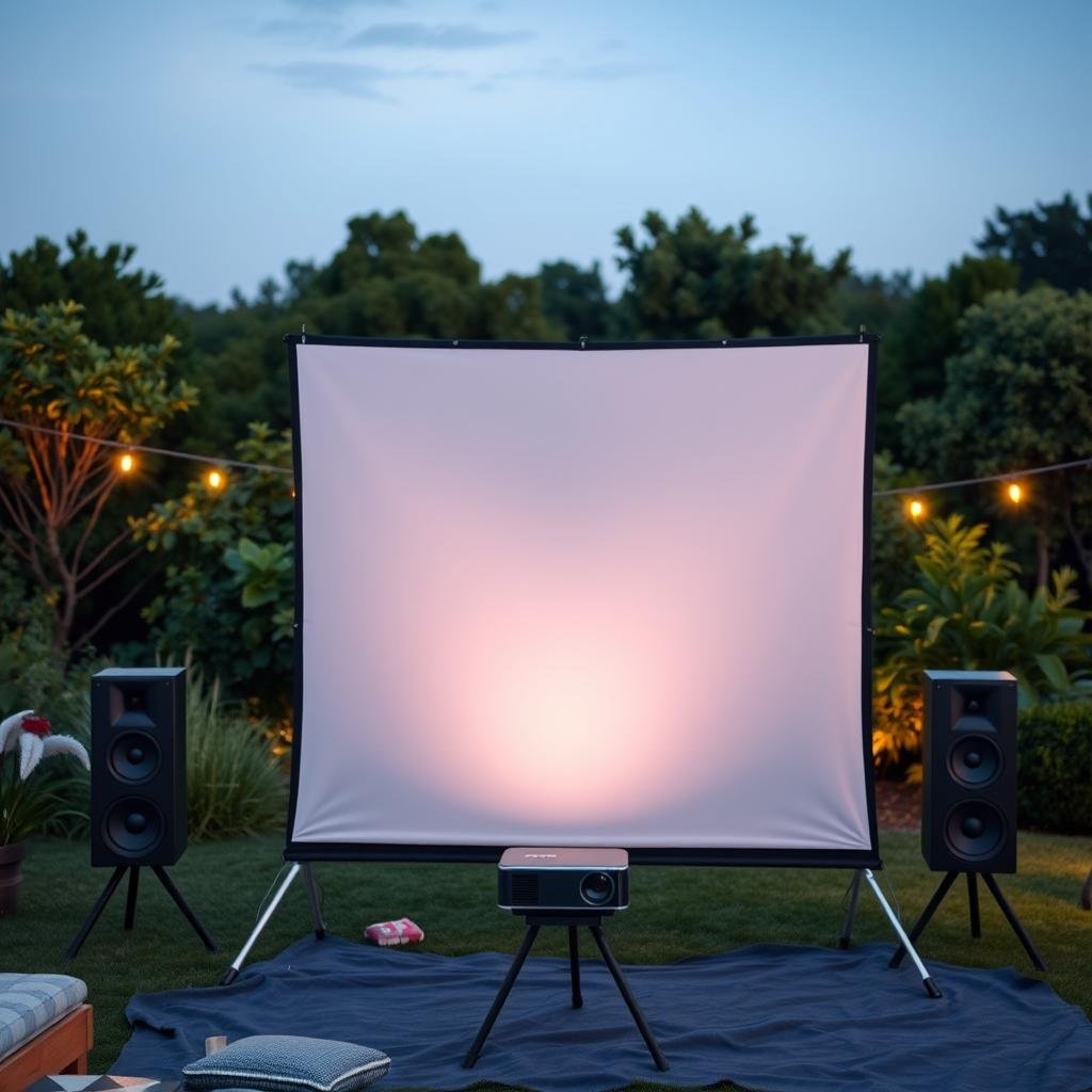 A cozy outdoor movie night with a mini projector, set against a serene evening sky. In the foreground, a large white projection screen stands tall, its surface smooth and taut, ready to display the evening's entertainment. The screen is positioned on a sturdy tripod, ensuring a stable and level display. The middle ground features the mini projector, its sleek and compact design complementing the overall setup. Powerful speakers flank the projector, promising immersive audio to accompany the visuals. In the background, a lush, verdant landscape provides a natural backdrop, creating a sense of tranquility and connection with the outdoors. Soft, warm lighting illuminates the scene, setting the perfect mood for an unforgettable movie experience under the stars.