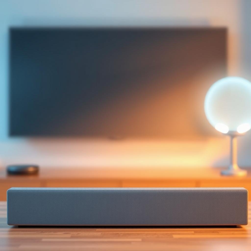 A modern, well-designed smart soundbar with sleek, minimalist styling sits prominently in the foreground, its clean lines and neutral color palette complementing the minimalist aesthetic. Placed against a blurred, softly-lit background, the soundbar is flanked by two intelligent voice assistants - Alexa and Google Assistant - represented as glowing, disembodied orbs of light, subtly suggesting the device's advanced voice control capabilities. The lighting is warm and natural, casting a gentle glow that enhances the premium, high-tech feel of the scene. The overall composition conveys a sense of technological sophistication and seamless integration of smart home features, suitable for the "Step-by-Step Guide: How to Choose the Perfect Smart Soundbar" section of the article.