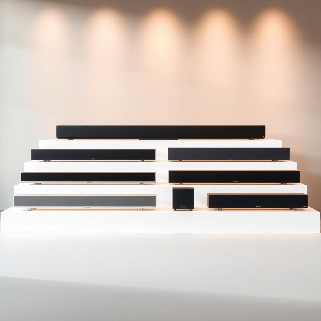 A modern, well-lit studio setting showcasing a row of 10 sleek, state-of-the-art smart soundbars. Each soundbar is displayed on a minimalist, white pedestal against a backdrop of warm, diffused lighting and a subtle, gradient gray wall. The soundbars feature clean, minimalist designs in various shades of black, silver, and white, with distinctive branding elements that hint at their advanced voice assistant integration (Alexa, Google Assistant, Siri). The arrangement allows for a detailed, high-resolution examination of the products' premium materials, touch controls, and connectivity options. An air of sophistication and technological prowess pervades the scene, hinting at the soundbars' cutting-edge audio capabilities and smart home integration.