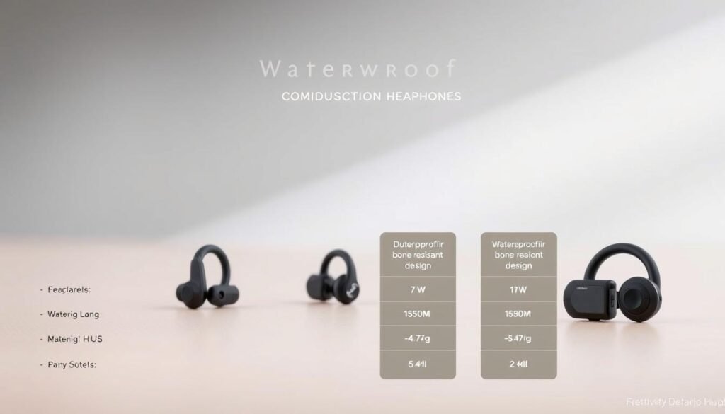 A sleek, modern comparison guide for waterproof bone conduction headphones. Crisp, evenly-lit product shots arranged in a clean, minimalist layout against a softly-blurred backdrop. The headphones are displayed from multiple angles, showcasing their durable, water-resistant design and stylish, low-profile construction. Technical specifications and key features are subtly integrated into the scene, providing detailed information for the discerning consumer. An authoritative, yet visually appealing presentation that captures the essence of high-performance, activity-focused audio gear.