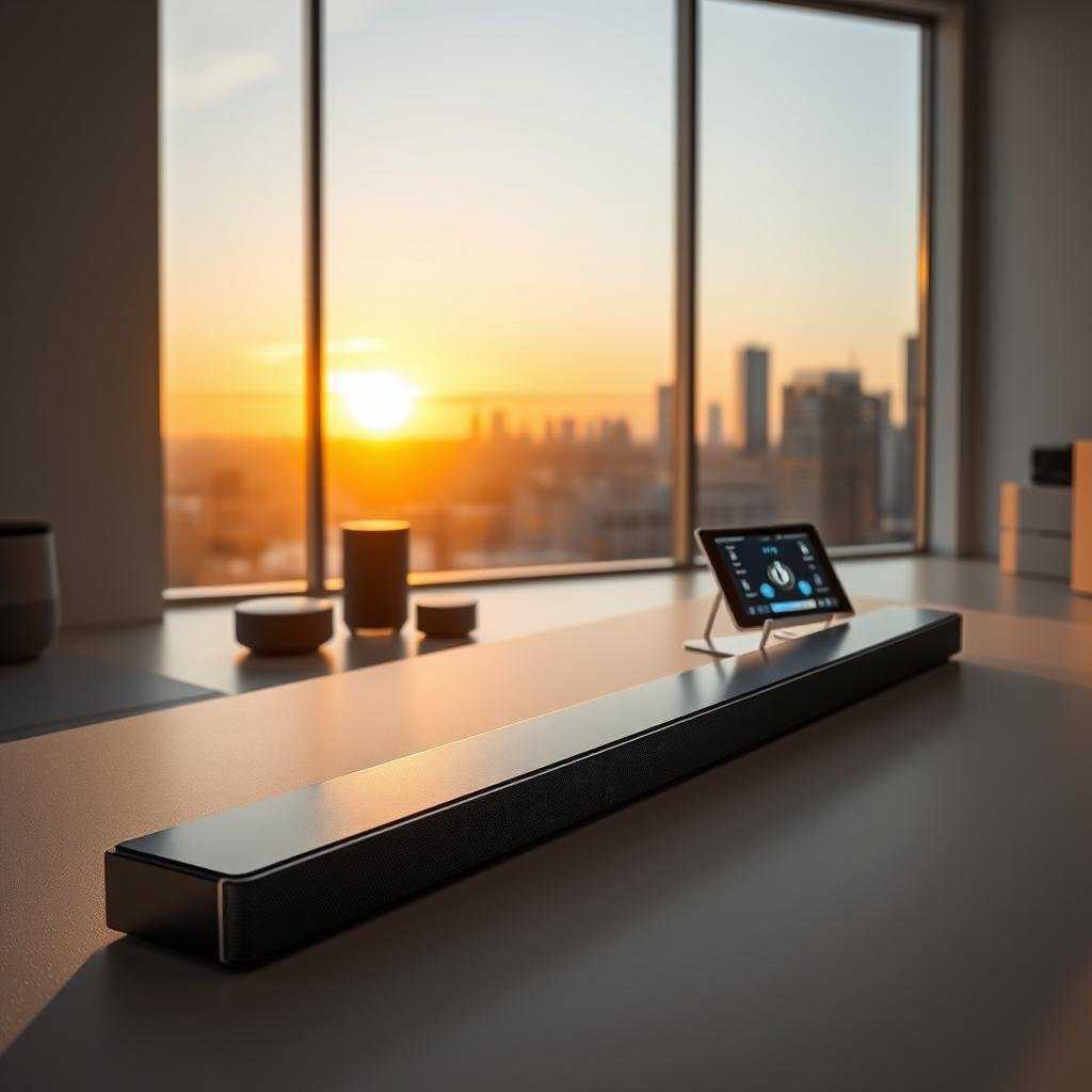 A sleek, modern soundbar in a minimalist living room setting. In the foreground, the soundbar's clean lines and glossy black finish are highlighted by dramatic studio lighting, casting sharp shadows. The middle ground features a selection of smart home devices - a voice assistant, wireless speakers, and a tablet displaying audio visualization. In the background, a large window overlooks a cityscape, bathed in warm sunset hues. The scene conveys the integrated, high-tech nature of contemporary smart soundbar technology, seamlessly blending form, function, and connectivity.