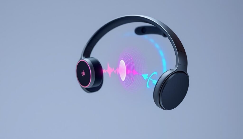 Bone conduction technology features 2025: A sleek, minimalist headset with elegant titanium alloy housings showcasing state-of-the-art bone conduction transducers. Vibrant holographic displays project customizable audio visualizations, while advanced sensors monitor heart rate and ambient noise. The headset floats weightlessly above the ears, secured by a flexible, hypoallergenic silicone strap. Crisp, high-fidelity audio immerses the listener, enhanced by intelligent noise cancellation and spatial audio processing. Seamless wireless connectivity, intuitive touch controls, and an all-day battery life complete this vision of the future of bone conduction technology.