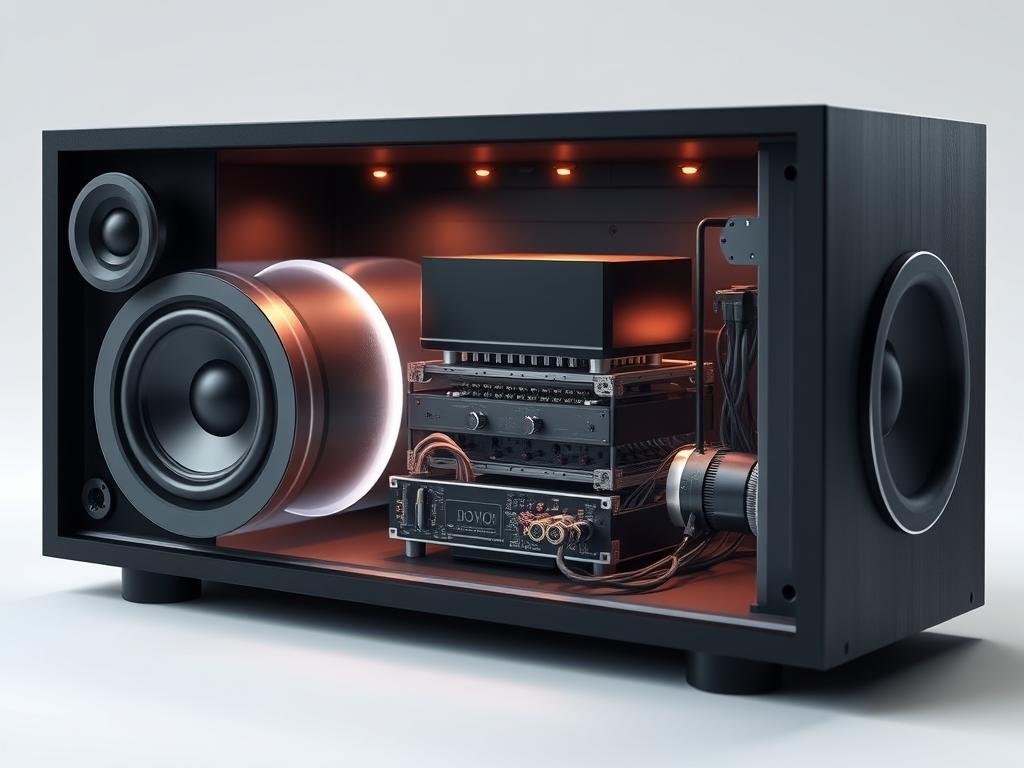A detailed cutaway diagram showcasing the inner workings of a Dolby Atmos surround sound speaker system. The foreground depicts the speaker drivers and their precise positioning to create an immersive 3D audio experience. The middle ground highlights the advanced crossover network and amplifier circuitry that powers the system. The background reveals the complex cabinet design with strategic acoustic dampening materials to minimize distortion. Lighting is soft and directional, casting subtle shadows to accentuate the technical components. The overall mood is one of precision engineering and audio fidelity, inviting the viewer to appreciate the technological marvels that enable high-quality, object-based surround sound on a budget.