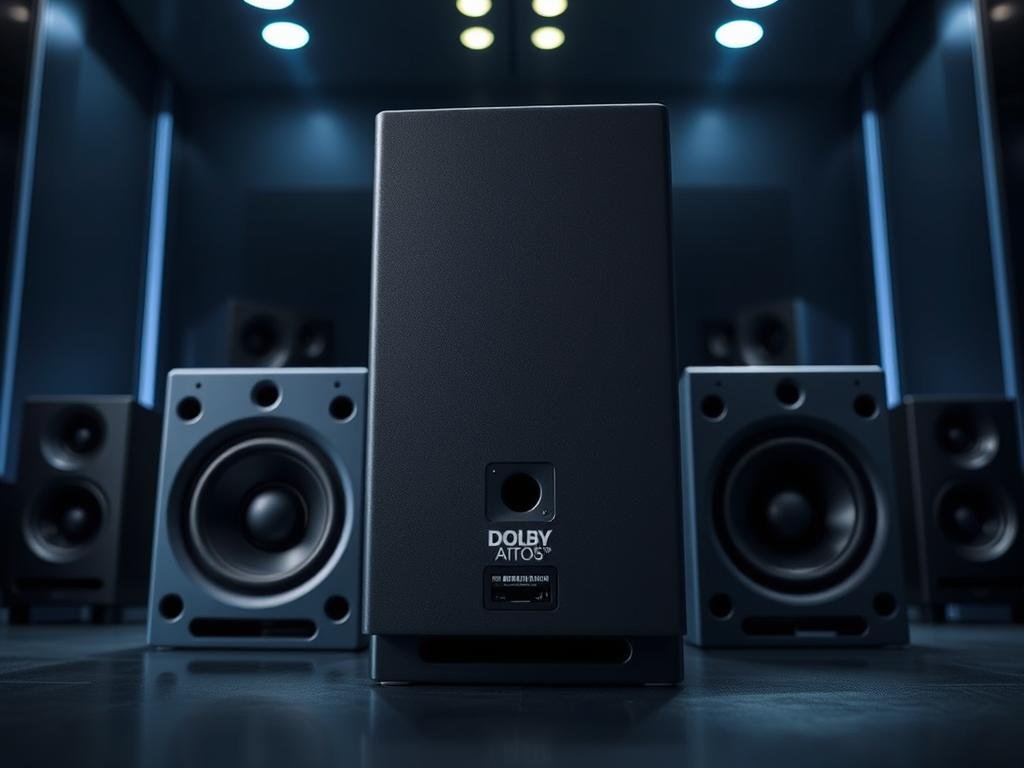 best budget dolby atmos speakers under 300 A high-quality, detailed image of the top-rated budget Dolby Atmos speakers. The foreground shows a sleek, modern speaker system with a bold, minimalist design. The middle ground showcases the advanced audio drivers and ports, highlighting the Dolby Atmos branding. The background features a dimly lit, high-tech environment, creating a sense of depth and premium quality. The lighting is soft and directional, casting subtle shadows and highlights to accentuate the speaker's contours. The overall scene conveys a clean, sophisticated, and technically impressive atmosphere befitting the best budget Dolby Atmos audio solution.
