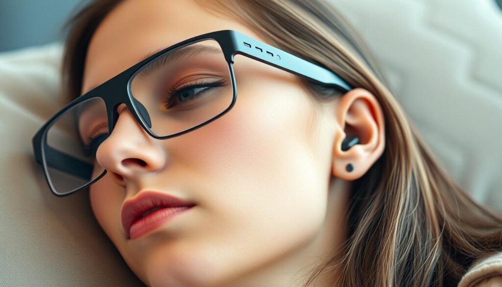 A pair of sleek, futuristic-looking audio glasses resting comfortably on a person's face. The frames are thin and lightweight, crafted from a durable yet flexible material that conforms to the contours of the wearer's head. The earpieces feature soft, padded cushions that gently cup the ears, providing a secure and pressure-free fit. The lenses are tinted with a subtle gradient, offering both style and functionality. The controls for the audio features are seamlessly integrated into the temple arms, allowing for easy adjustment of volume, playback, and other settings. The overall design exudes a sense of modern sophistication and technological prowess, perfectly suited for the discerning user seeking both audio excellence and all-day wearability.