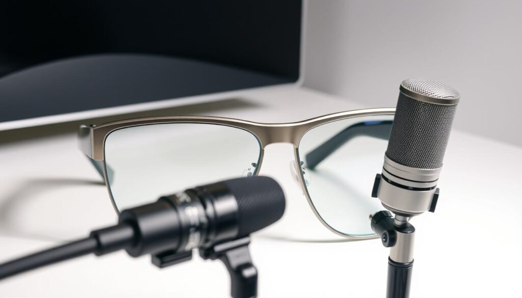 A pair of sleek, futuristic-looking audio glasses sit on a minimalist desk, their frames shimmering with a metallic finish. The lenses are slightly tinted, blending seamlessly with the temples that house the advanced speakers. The glasses are lit from the side, casting a warm glow that highlights the intricate design and attention to detail. In the foreground, a high-quality microphone stands ready to capture clear, crisp audio. The background is a clean, white studio space, emphasizing the technological prowess of these cutting-edge audio glasses.
