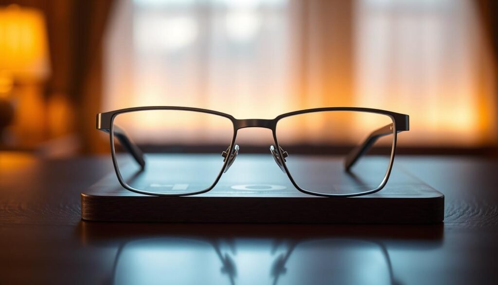 A sleek, modern pair of audio glasses resting on a polished wooden surface, illuminated by warm, directional lighting. The frame features a minimalist, titanium design with discreet temples concealing high-fidelity speakers. The lenses have a slight tint, reflecting the technological prowess within. In the foreground, the glasses are showcased against a blurred, elegant background, emphasizing their sophistication and craftsmanship. The overall mood is one of understated luxury and cutting-edge innovation, befitting the "best audio glasses" of the current market.
